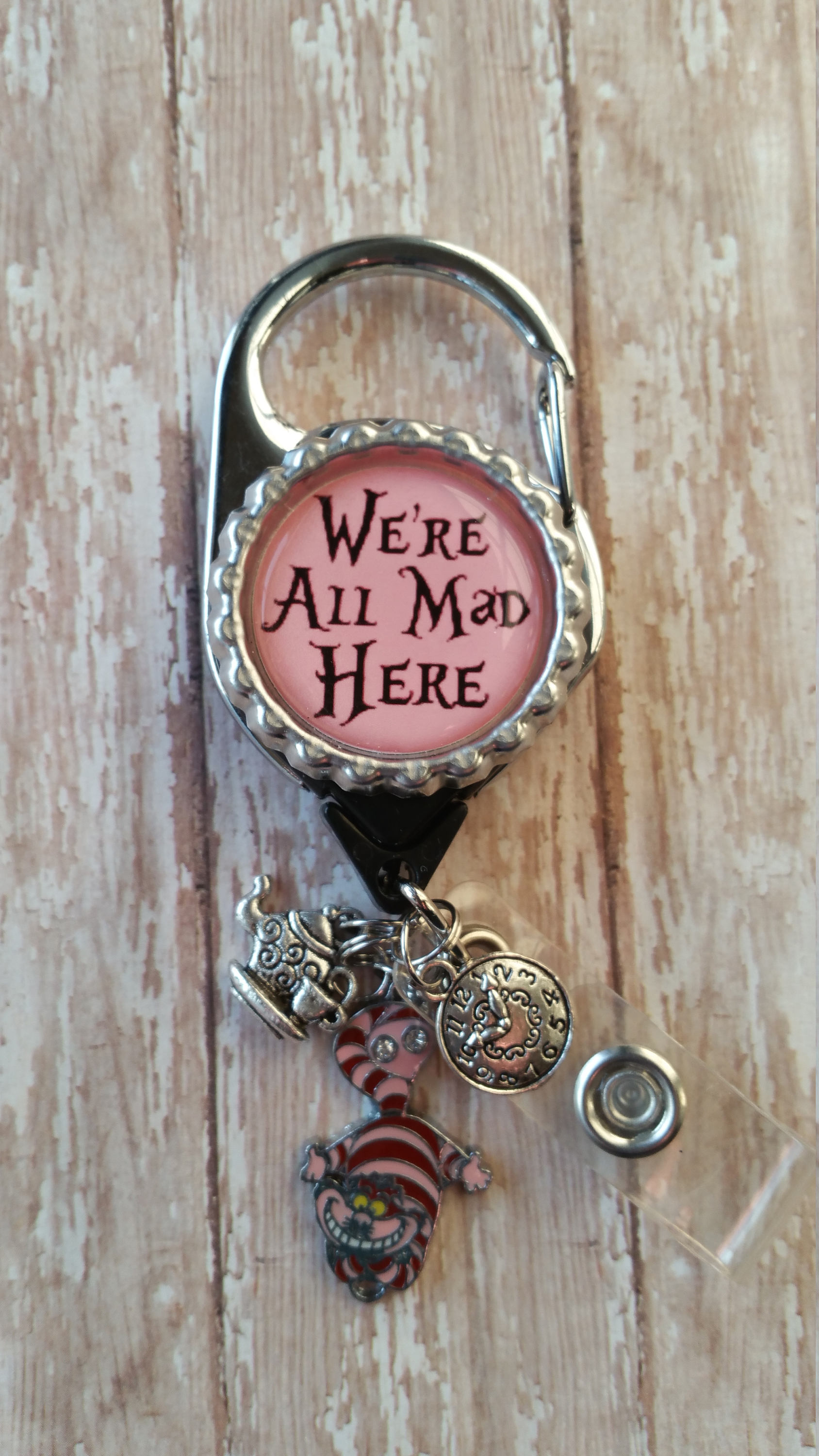 Cheshire Cat See Pictures for Charm Options Low Flat Rate Shipping in US! We/'re All Mad Here Retractable Badge Holder