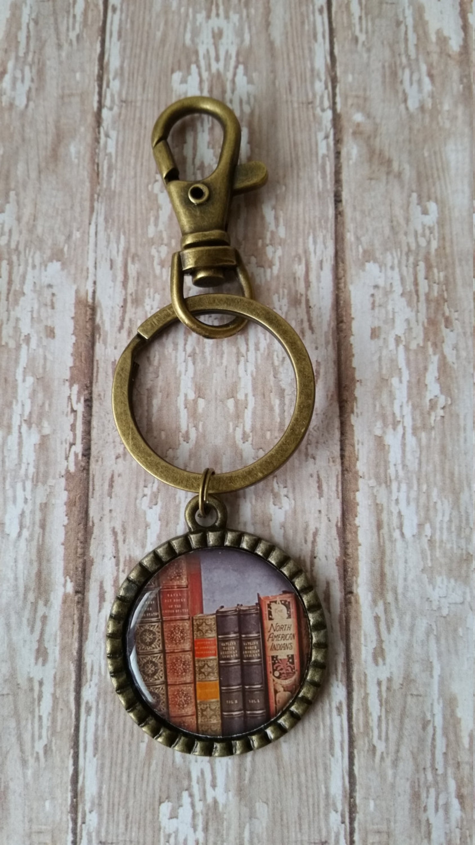 Books on a Shelf Key Chain Antique Bronze Color Low Flat Etsy