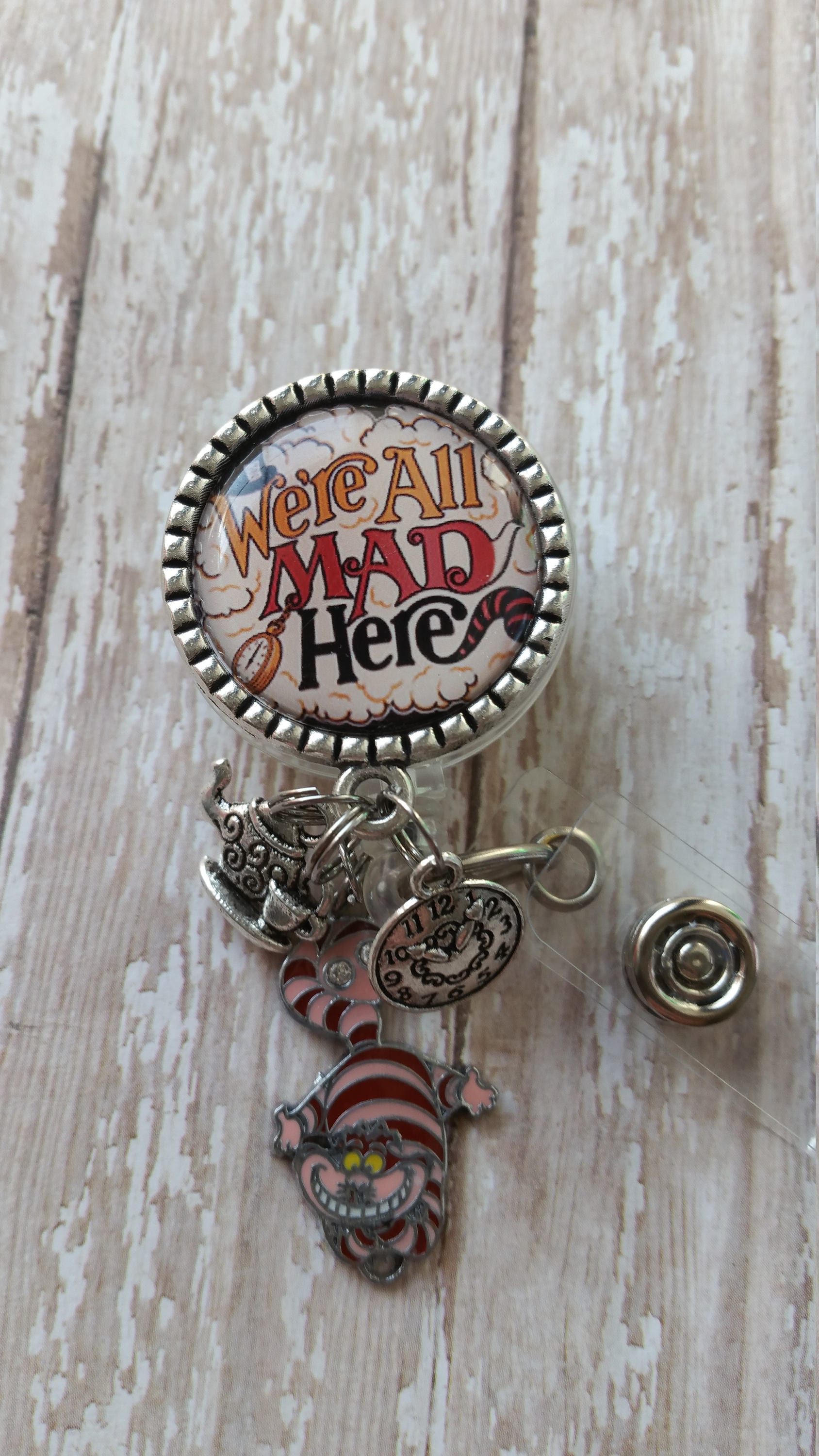 Cheshire Cat See Pictures for Charm Options Low Flat Rate Shipping in US! We/'re All Mad Here Retractable Badge Holder