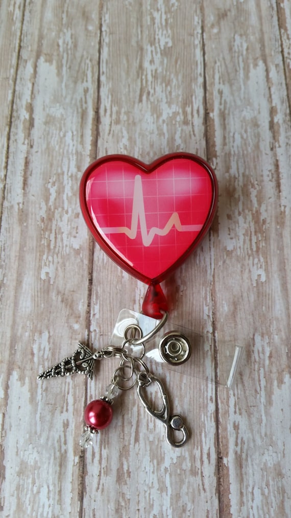 Heart Shaped Retractable Badge Holder EKG Doctor/nurse see Picture 2 for  Bead Options Flat Rate Shipping in US 