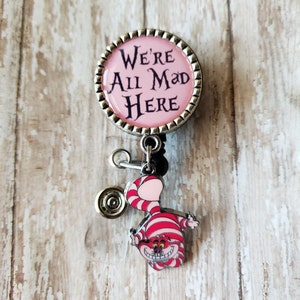 Retractable Badge Holder Pink 3 Different Charm Options See pics and Read Description Flat Rate Shipping in US Cheshire Cat Charm