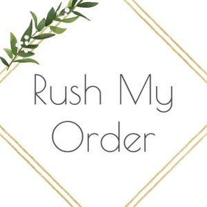 May include: A white background with a gold diamond frame and green leafy branches with white flowers. The text "Rush My Order" is in the centre of the image.