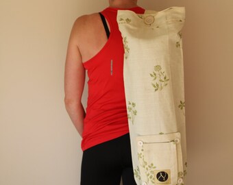 Radically ethical handmade YOGA MAT BAG. Green and cream floral Macro