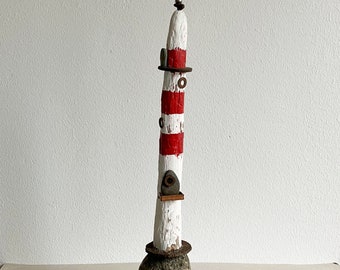 Phare en bois flotté bois flotté avec pierre décoration maritime unique rouge blanc 30 cm