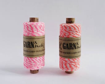 1 spool baker's twine cotton ribbon cotton thread in white with neon pink or neon orange