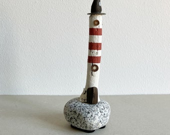 Lighthouse with base made of marble decorative home decoration driftwood wood maritime sea island red white 18 cm