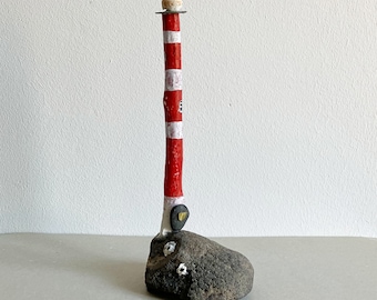 Lighthouse made of driftwood wood driftwood old wood metal maritime decoration red white 24 cm