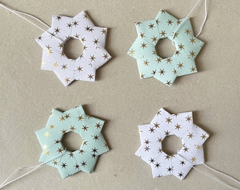 4 stars paper stars origami stars Christmas stars tree decorations white mint green gold 8 cm