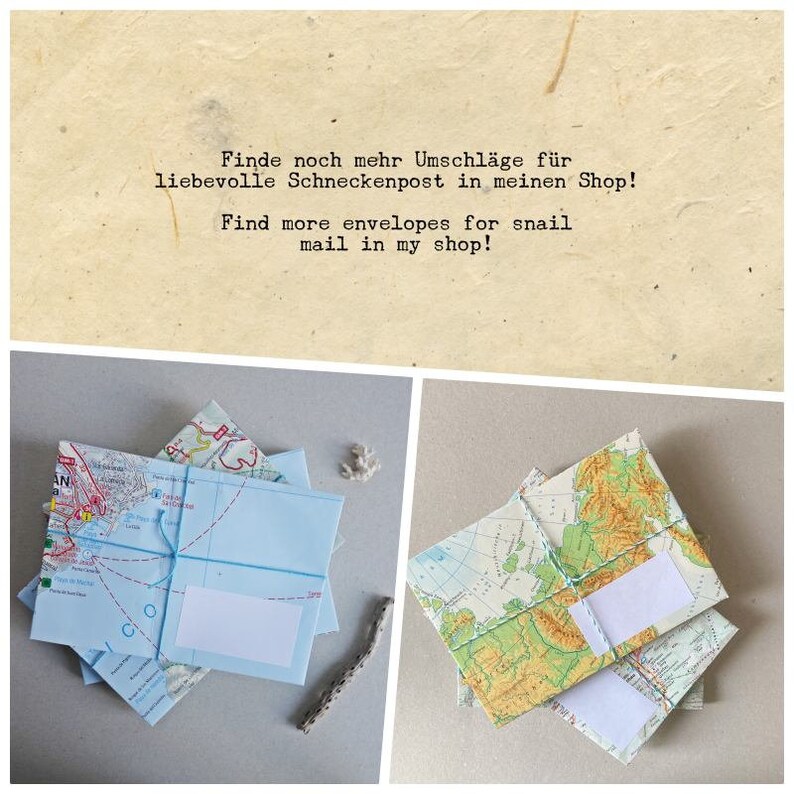 May include: Two stacks of envelopes made from vintage maps, tied with twine. The envelopes are light blue and have a white label on the front. The text on the image reads "Finde noch mehr Umschl&auml;ge f&uuml;r liebevolle Schneckenpost in meinen Shop! Find more envelopes for snail mail in my shop!"