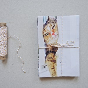 May include: A stack of white cards with a cat photo on the front is tied together with white twine with gold accents. The twine is tied in a bow.