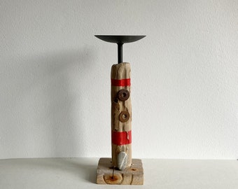 Kerzenständer Kerzenhalter Leuchtturm aus Treibholz Holz Schwemmholz maritime Deko rot braun 30 cm