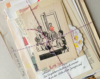May include: A stack of vintage papers tied together with red and blue string. The top paper features a black and white illustration of children in a classroom setting. The text on the paper reads "schauen Die Vogeleltern halten sich immer noch in der Nähe ihrer Jungen auf. 39"