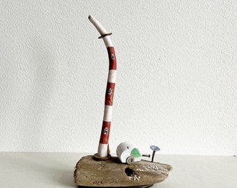 Lighthouse with camper made of driftwood beach wood driftwood wood decoration white red 21 cm