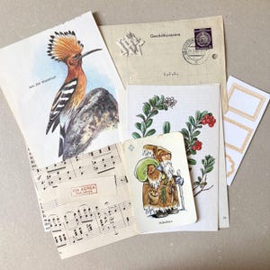 Op de afbeelding: Een verzameling vintage papieren ephemera, waaronder een prent van een hop met het label Abb. 204 Wiedehopf, een bladmuziek met een Via Aerea Par Avion-stempel, een kaart met een bebaarde figuur genaamd Nikolaus en een botanische illustratie.