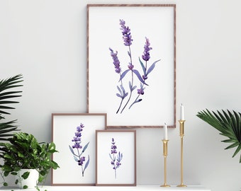 Conjunto de impressões artísticas em aquarela de lavanda: arte de parede botânica floral roxa (download digital)