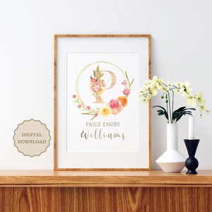 Floral Monogram Art Print, Personalized Boho Name Print, Floral Initial Art Print, Custom Letter Print, Inital Wall Decor, Custom Name Print