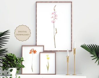 Botanische bloemenkunstprintset: minimalistisch bloemenmuurdecor (digitale download)
