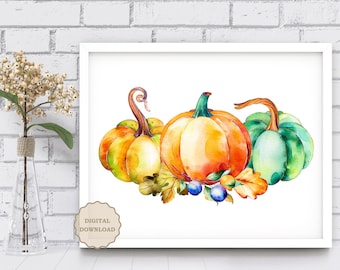 May include: Watercolor painting of three pumpkins in shades of orange, yellow, and green, with leaves and berries. The pumpkins are arranged in a horizontal composition within a white frame. The words "DIGITAL DOWNLOAD" are on a sticker in the lower left corner.