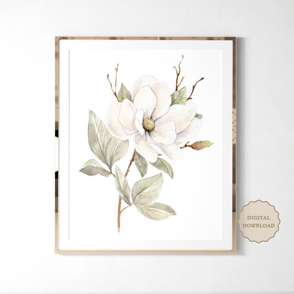 Magnolia Art Print, Watercolor Flowers, Botanical Print, White Magnolia Wall Art, Flower Art Print, Living Room Decor, Bedroom Decor