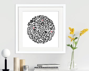 Black and White Floral Art Print: Scandinavian Minimalist Decor (Digital Download)