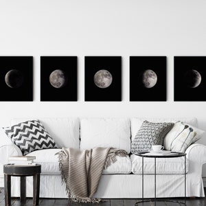 Moon Phases Print Set, Digital Download Set of 5 Moon Prints, Moon Art, Luna Art, Night Sky, Lunar Phases, Moon Printable, Bedroom Wall Art