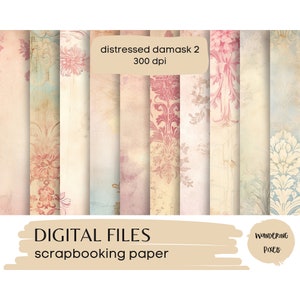 Pink and Blue Distressed Damask Digital Paper Set, Vintage Textured Paper, Junk Journal Pages, Instant Download Commercial Use, 12 files