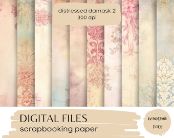 Distressed Damask Digital Paper: Pink & Blue Vintage Texture (12 Files, JPG, 12x12 Inches)