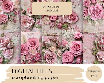 Romantic Shabby Chic Pink Roses Digital Papers, Floral Junk Journal Pages, Instant Download Commercial Use, 10 files