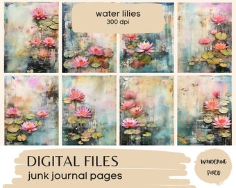Seerosen Digital Paper Pack, Junk Journal Seiten, Sofort Download Kommerzielle Nutzung, 8 Dateien