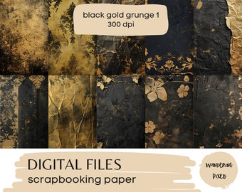 Black and Gold Grunge Textures: Floral Damask Digital Paper (Instant Download)