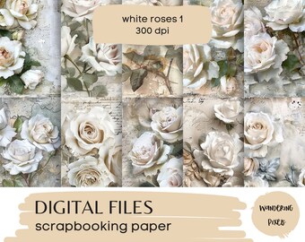 Shabby Chic White Roses Digital Paper: Junk Journal (Instant Download)