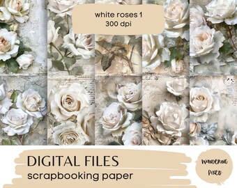 Shabby White Roses Digital Papers, Distressed Floral Junk Journal Pages, Instant Download Commercial Use, 10 files