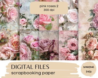 Romantic Roses Digital Papers, Floral Junk Journal Pages, Instant Download Commercial Use, 10 files