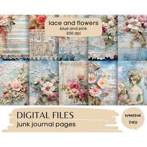 Blue Floral Digital Paper Pack, Vintage Lace and Shabby Chic Flowers Junk Journal Pages, Instant Download Commercial Use, 10 files