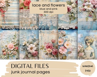 Blue Floral Digital Paper Pack, Vintage Lace and Shabby Chic Flowers Junk Journal Pages, Instant Download Commercial Use, 10 files