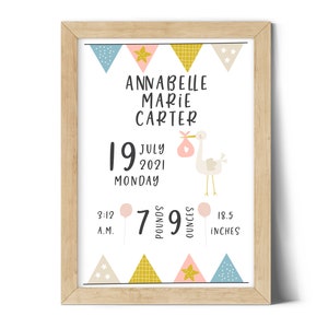 Personalized Birth Announcement Print, Baby Girl Gift, Birth Stats Printable, Custom Nursery Decor, Birth Details Print