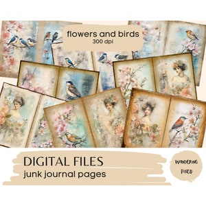 Printable Junk Journal Pages, Birds and Shabby Florals Digital Paper, Instant Download Commercial Use, 8 files