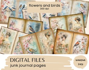 Printable Junk Journal Pages: Shabby Chic Birds & Florals (Digital Download)