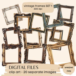 Vintage frames clipartset, houten lijsten illustraties, 20 png-bestanden, instant download commercieel gebruik