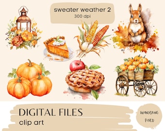 Watercolor Fall Clipart Set: Autumn Illustrations (12 PNG files, Instant Download)
