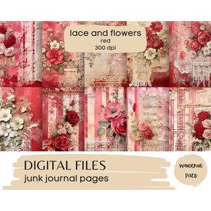 Könnte beinhalten: Digitale Junk Journal Seiten mit roten, weißen und rosa floralen Mustern, Spitze und Streifen. Die Seiten sind 300 dpi und perfekt für Scrapbooking, Kartenherstellung und andere Papierarbeiten.