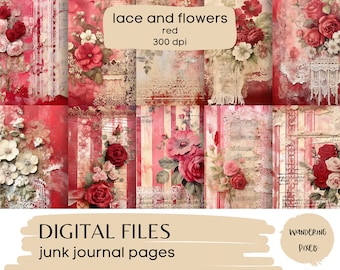 May include: Digital junk journal pages with red, white, and pink floral patterns, lace, and stripes. The pages are 300 dpi and are perfect for scrapbooking, card making, and other paper crafts.