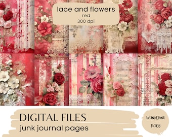 Red Floral Digital Paper Pack, Vintage Lace and Shabby Chic Flowers Junk Journal Pages, Instant Download Commercial Use, 10 files