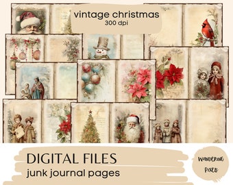 Vintage Christmas Junk Journal Pages, Printable Digital Paper, Instant Download Commercial Use, 10 files