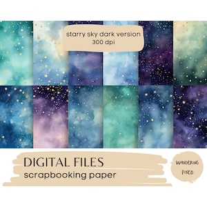 Starry Sky Digital Paper Pack, Watercolor Backgrounds, Junk Journal Pages, Instant Download Commercial Use, 12 files