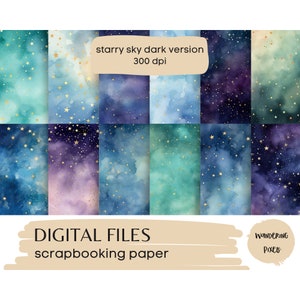 Pakiet papieru cyfrowego Starry Sky, tła akwarelowe, strony dziennika śmieci, natychmiastowe pobieranie do użytku komercyjnego, 12 plików