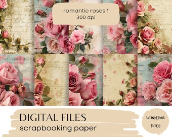 Shabby Romantic Roses Digital Papers, Floral Junk Journal Pages, Instant Download Commercial Use, 10 files