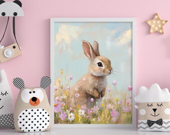 Bunny Digital Print, Nursery Wall Art, Baby Bunny Printable, Floral Spring Decor
