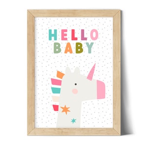 Unicorn Nursery Print: Hello Baby Art, Kids Room Decor (Digital Download)