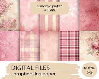 Romantic Rose Pink Digital Paper Pack, Vintage Pink Junk Journal Pages, Instant Download Commercial Use, 10 files